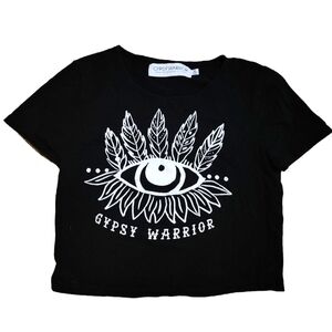 Gypsy Warrior Black Tee with Eye and Feather Design Crop Top Size Medium